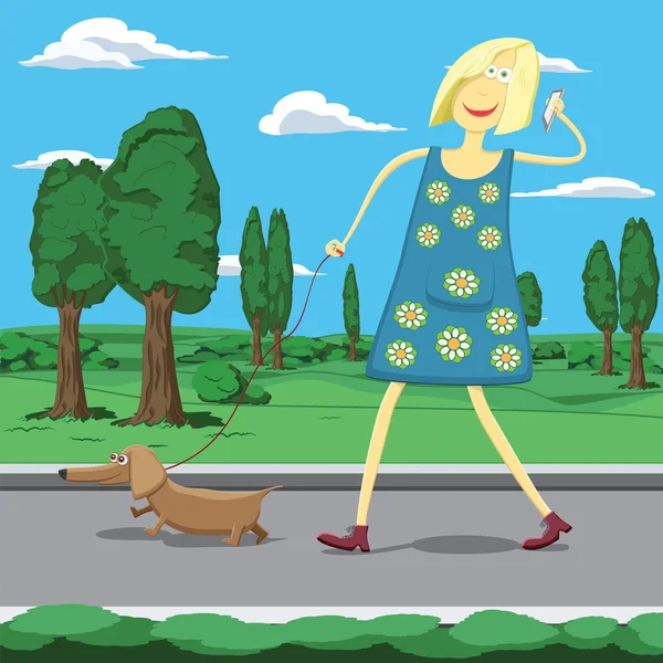 Chica de dibujos animados perro paseante en el parque — Vector de stock