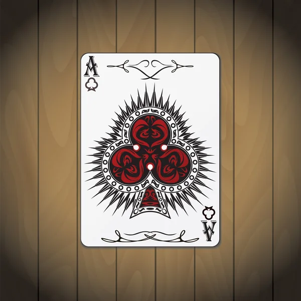 Ace av klubbar poker kort lackat trä bakgrund — Stock vektor