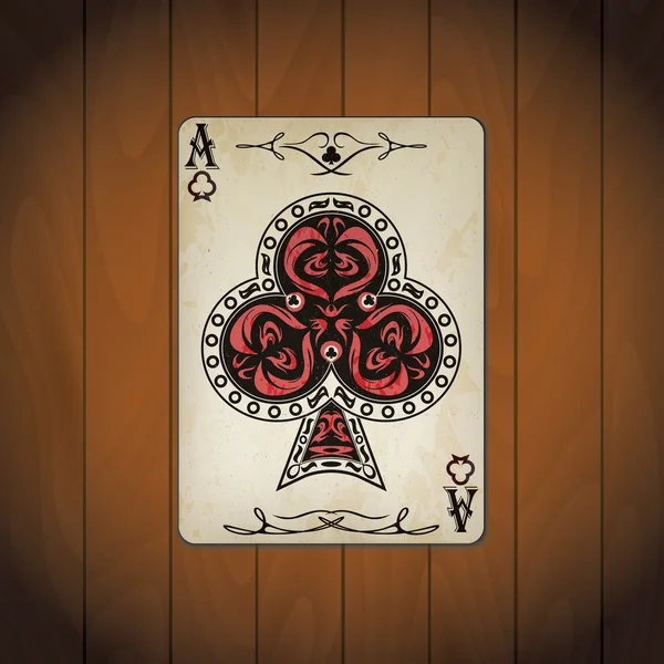 Ace of clubs poker card old look varnished wood background — Stock Vector