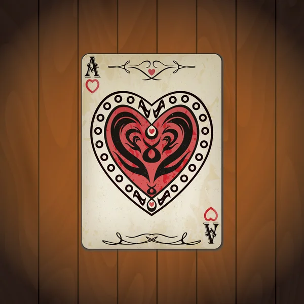 Asso di cuori poker card vecchio sguardo legno verniciato sfondo — Vettoriale Stock