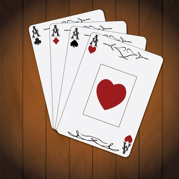Ás de espadas, Ás de copas, Ás de diamantes, Ás de paus cartões de poker envernizado fundo de madeira — Vetor de Stock