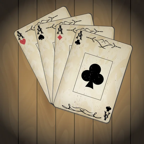 As de picas, as de corazones, as de diamantes, as de palos cartas de poker old look fondo de madera barnizada — Archivo Imágenes Vectoriales