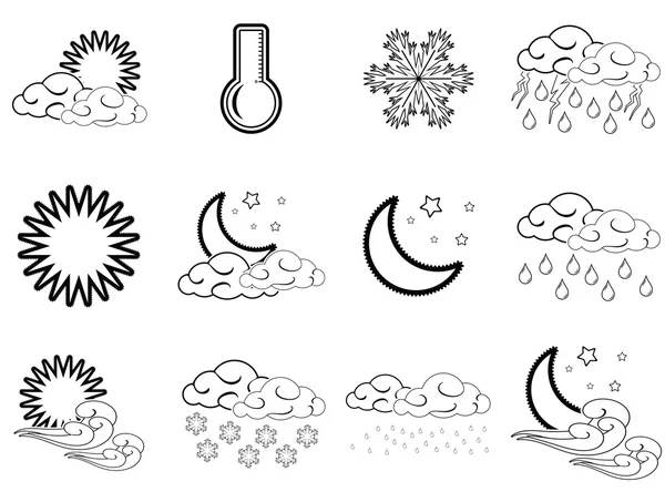 Night day weather colour icons set black outlined isolated on white background — Stock Vector