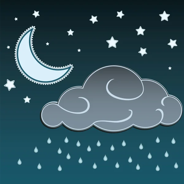 Γελοιογραφία φεγγάρι και αστέρια τη νύχτα και σύννεφα με βροχή πέφτει φόντο — Διανυσματικό Αρχείο