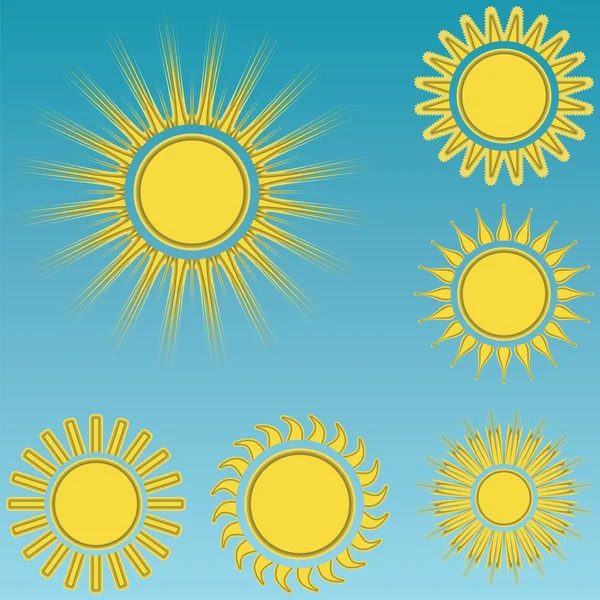 Different sun icons set blue sky background — Stock Vector