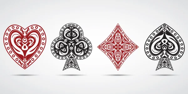 Μπαστούνι, καρδιές, διαμάντια, λέσχες πόκερ κάρτες σύμβολα γκρι φόντο — Διανυσματικό Αρχείο