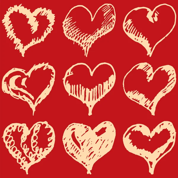 Valentine harten schets set op rode achtergrond — Stockvector