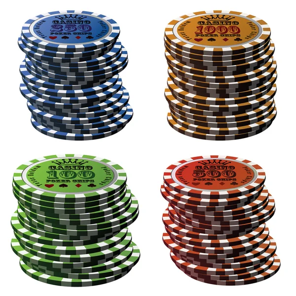 Jeu de colonnes de jetons de poker isolé sur fond blanc — Image vectorielle
