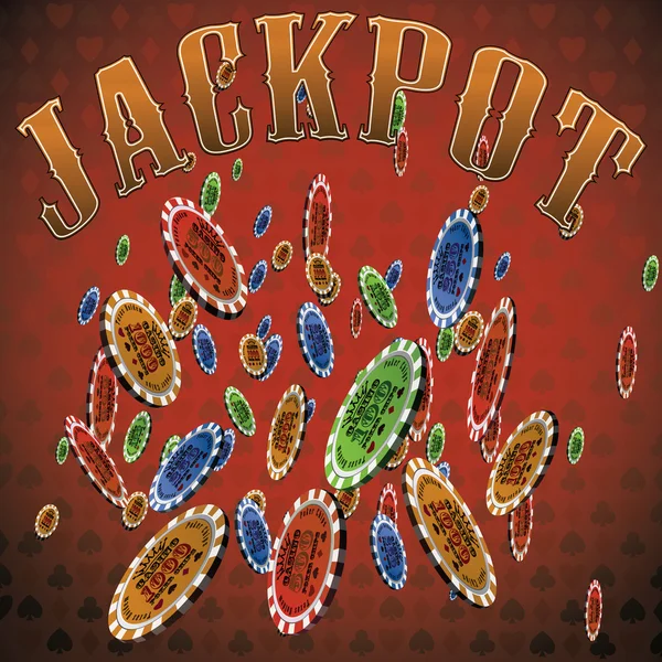 Poker chip molti caduta rosso sfondo testo Jackpot — Vettoriale Stock