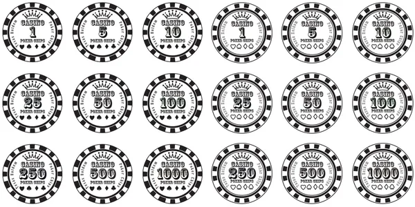 Poker chip set svart och vitt isolerad på vit bakgrund — Stock vektor