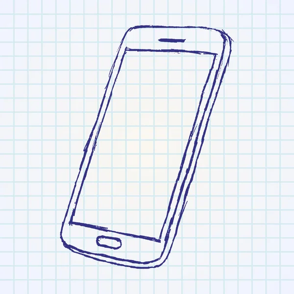 Schizzo disegnato a mano del telefono cellulare delineato sul taccuino cartaceo — Vettoriale Stock