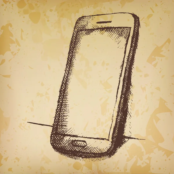 Esquisse dessinée à la main de téléphone portable avec ombre sur vieux papier — Image vectorielle