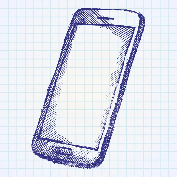 Käsinpiirretty luonnos matkapuhelimesta, jossa on varjo paperilla muistikirja — vektorikuva