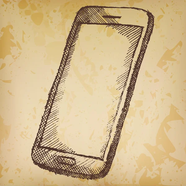 Esquisse dessinée à la main de téléphone portable avec ombre sur vieux papier — Image vectorielle