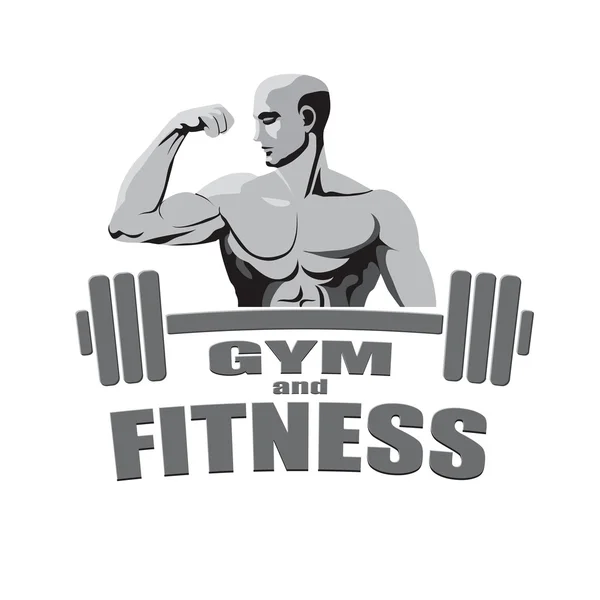 Fitness gym logo mockup bodybuilder showing biceps isolated on white background — Stock Vector