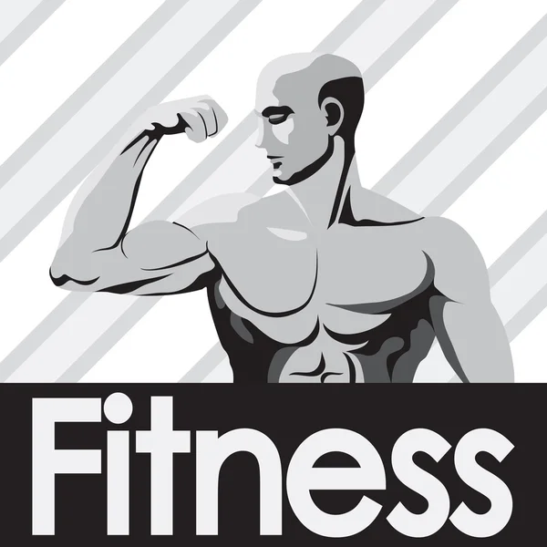 Fitness gymnase logo mannequin gris bodybuilder montrant biceps — Image vectorielle