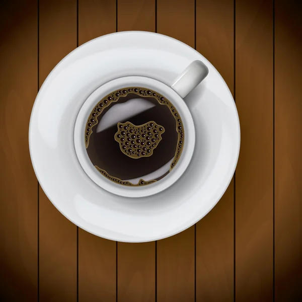 Taza de café en plato realista sobre fondo de madera — Vector de stock