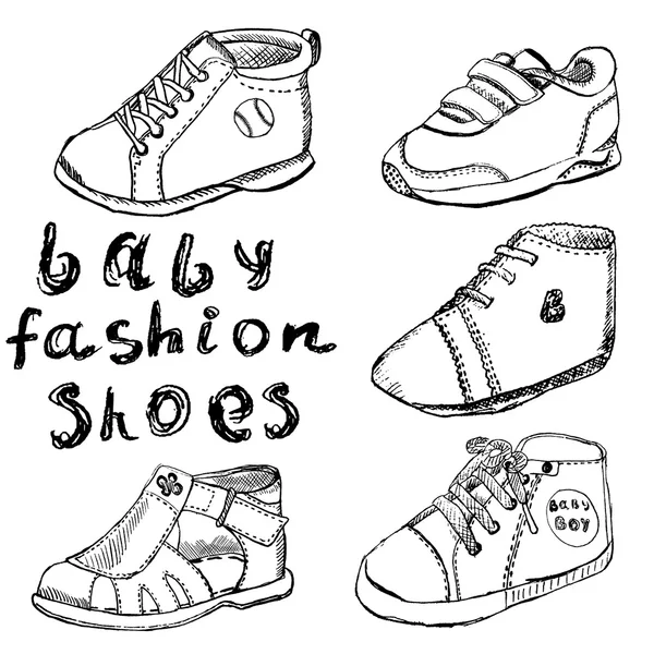 Scarpe moda bambino set schizzo disegnato a mano isolato su sfondo bianco — Vettoriale Stock