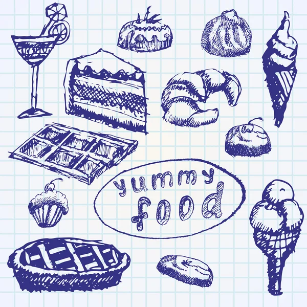 Desertos alimentares set esboço desenhado à mão em papel notebook — Vetor de Stock