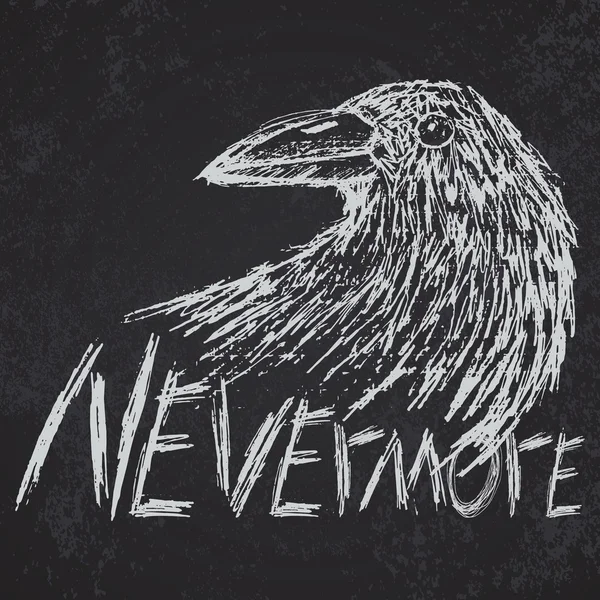 Crow raven handgetekende schets tekst nevermore op blackboard — Stockvector