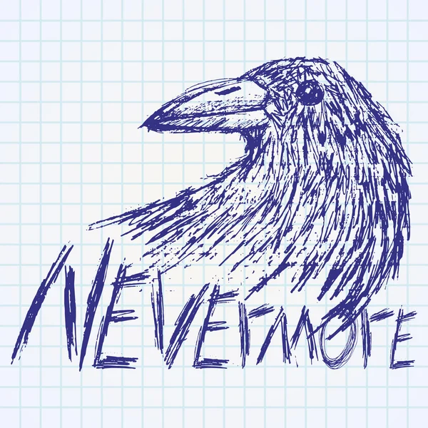 Corvo corvo disegnato a mano schizzo testo mai più su taccuino di carta — Vettoriale Stock
