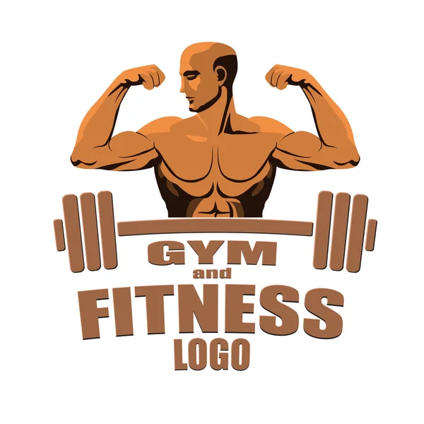 Fitness palestra logo mockup bodybuilder mostrando bicipiti isolati su sfondo bianco — Vettoriale Stock