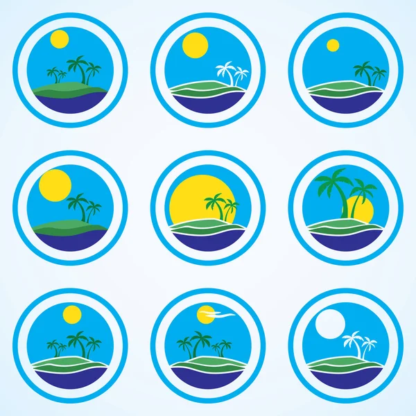 Palmeras y sol, plantilla de diseño de logotipo del resort de playa. isla tropical o conjunto de iconos de vacaciones — Archivo Imágenes Vectoriales