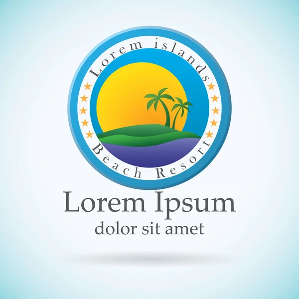 Palmbomen en zon, strand resort logo ontwerpsjabloon. tropische eiland of vakantie pictogram — Stockvector