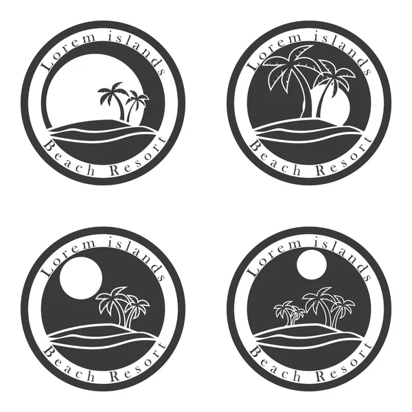 Palmeras y sol, plantilla de diseño de logotipo del resort de playa. isla tropical o conjunto de iconos de vacaciones — Archivo Imágenes Vectoriales