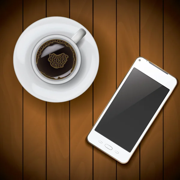 Uusi realistinen matkapuhelin älypuhelin mockup malli kahvikuppi puusta tausta — vektorikuva