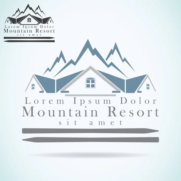 Mountain resort vektor logotyp formgivningsmall. takterrass med ikonen. Realty konstruktion arkitekturen symbol Royaltyfria illustrationer