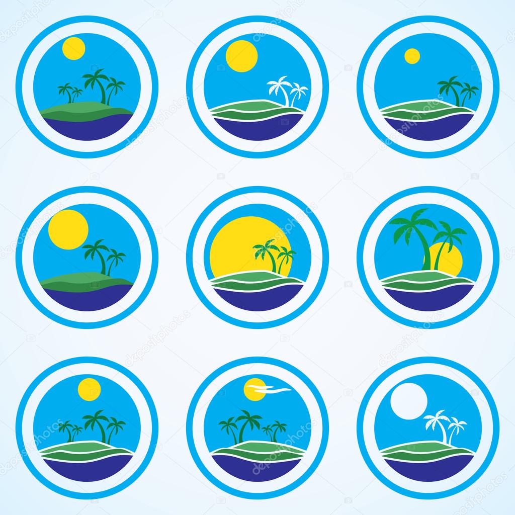 Palm trees and sun, beach resort logo design template. tropical island or vacation icon set.