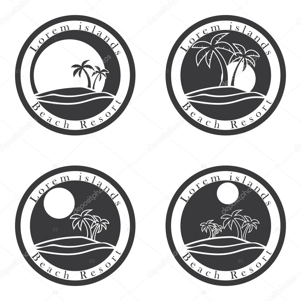 Palm trees and sun, beach resort logo design template. tropical island or vacation icon set.
