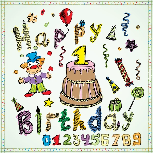 Elementi di festa di compleanno colorato disegnato a mano schizzo con numeri — Vettoriale Stock