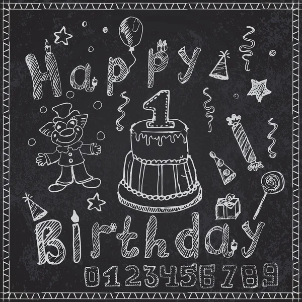Elemente de petrecere de ziua de naștere schiță desenată manual colorată cu numere pe tablă — Vector de stoc
