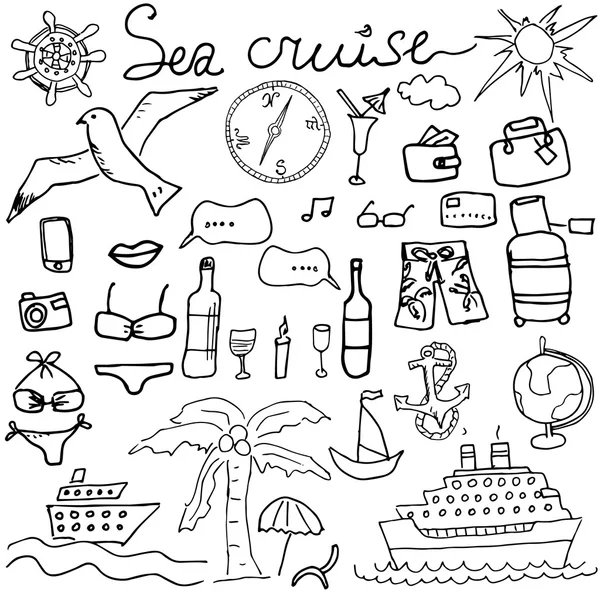 Dibujo dibujado a mano mar crucero garabatos vector ilustración de los elementos de viaje y verano, aislado — Archivo Imágenes Vectoriales