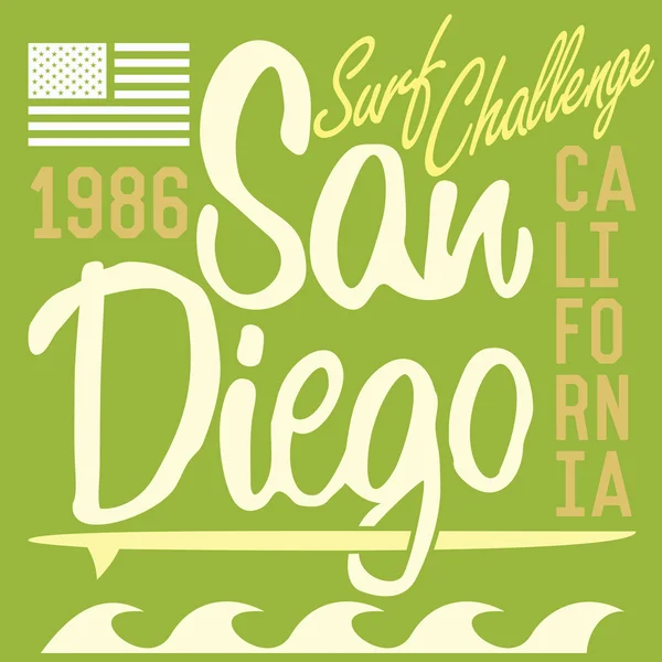 Kalifornien San Diego Typografie, T-Shirt Druck Design, Sommer Vektor Badge Applikationsetikett — Stockvektor