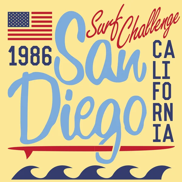 Друкарня Каліфорнії San Diego, t-Shirt друку дизайн, літній Векторний знак аплікація етикетки — стоковий вектор