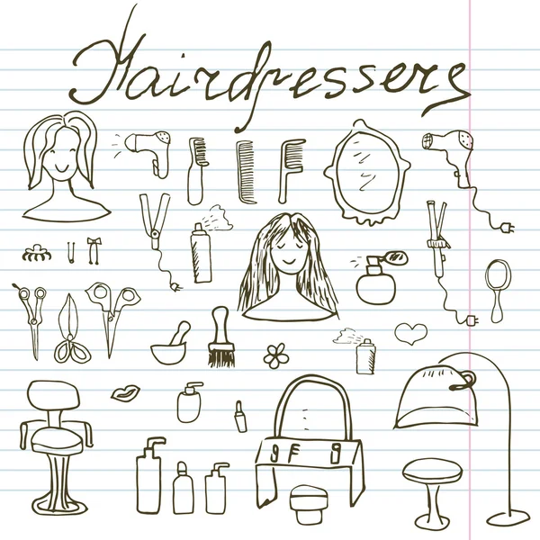 Equipamento de cabeleireiro conjunto de doodles. Desenho manual ilustração vetorial, em caderno de papel —  Vetores de Stock