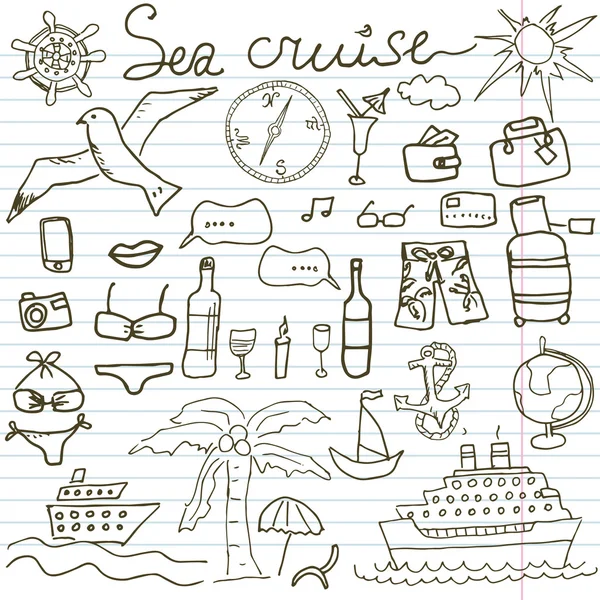 Ręcznie rysowane szkic morze rejs gryzmoły ilustracji wektorowych podróży i lato elementów, na papierowym notatniku — Wektor stockowy