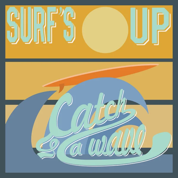Tipografía Surf 's Up, Camiseta Gráficos de diseño de impresión, póster vectorial retro vintage, Badge Applique Label — Vector de stock