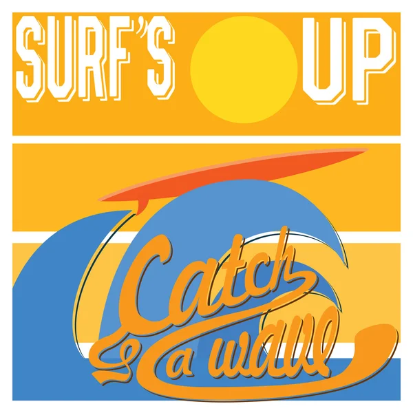 Tipografía Surf 's Up, Camiseta Gráficos de diseño de impresión, póster vectorial retro vintage, Badge Applique Label — Vector de stock