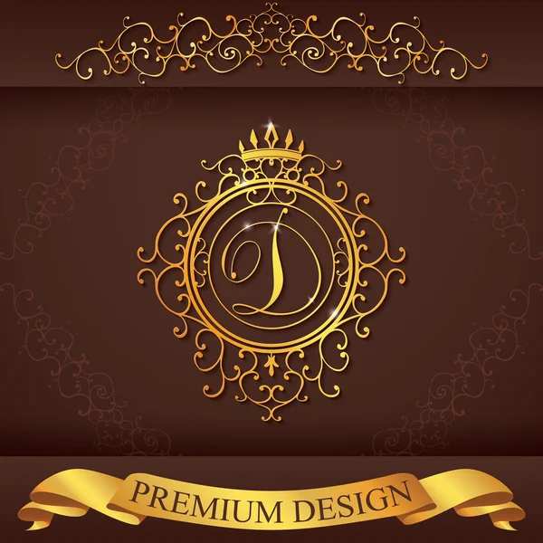 Letter D. Luxury Logo template flourishes calligraphic elegant ornament lines. Business sign, identity for Restaurant, Royalty, Boutique, Hotel, Heraldic, Jewelry, Fashion, vector illustration — Stok Vektör