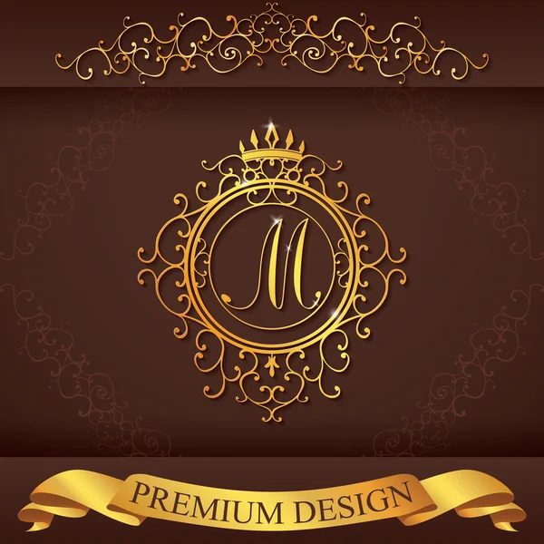 Література M. Luxury Logo template процвітає каліграфічні елегантні лінії орнаменту. Бізнес-знак, ідентичність ресторану, королівство, Бутік, готель, геральдика, ювелір, мода, векторна ілюстрація — стоковий вектор