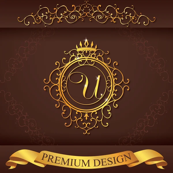 Letter U. Luxury Logo template flourishes calligraphic elegant ornament lines. Business sign, identity for Restaurant, Royalty, Boutique, Hotel, Heraldic, Jewelry, Fashion, vector illustration — Stok Vektör
