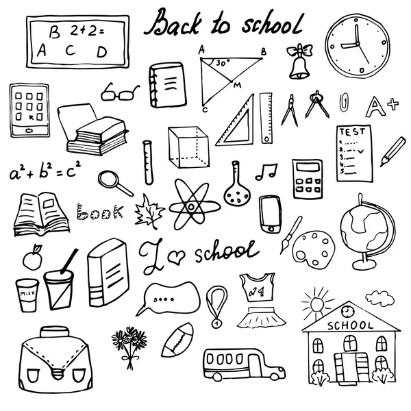 Volver a la escuela Suministros Sketchy Doodles set with Lettering, Hand Drawn Vector Illustration Design Elementos aislados sobre fondo blanco — Vector de stock