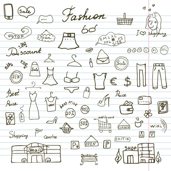 Collezione di moda Sketchy Doodles insieme con Lettering, Elementi di disegno vettoriale disegnati a mano su sfondo di carta Sketchbook foderato — Vettoriale Stock