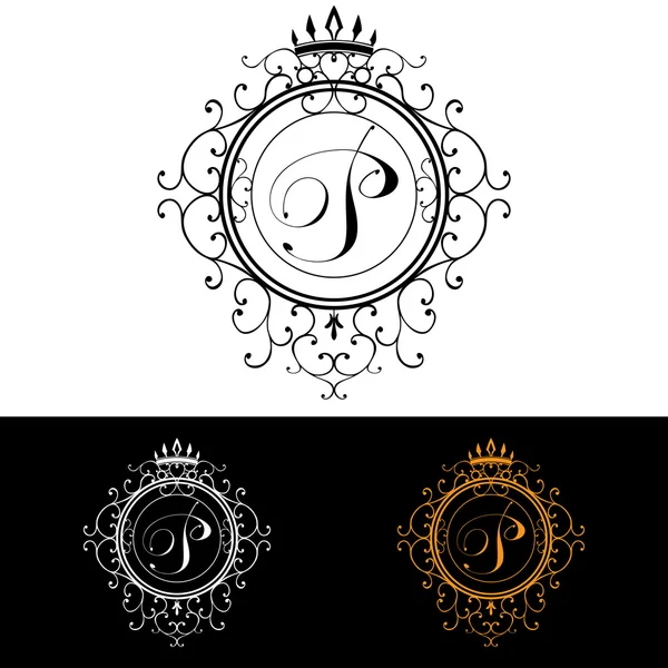 Letter P. Luxury Logo template flourishes calligraphic elegant ornament lines. Business sign, identity for Restaurant, Royalty, Boutique, Hotel, Heraldic, Jewelry, Fashion, vector illustration — 图库矢量图片