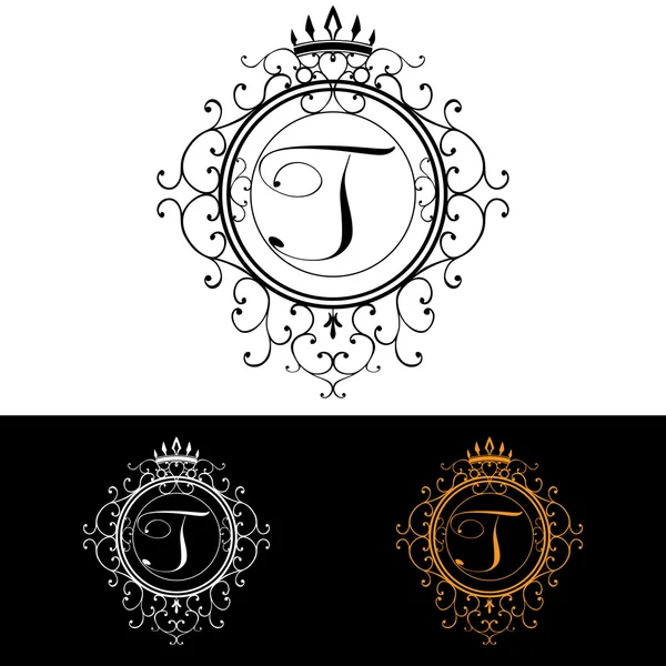 Буква T. Шаблон роскошного логотипа процветает каллиграфическими элегантными орнаментными линиями. Бизнес-вывеска, стиль для ресторана, роялти, бутика, отеля, геральдики, ювелирные изделия, мода, векторная иллюстрация — стоковый вектор