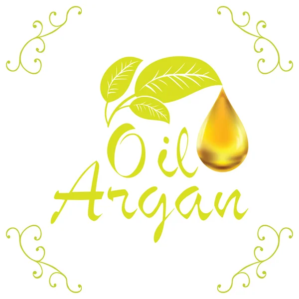 Oil drop, Argan oil cosmetic falling from leef with decoration elements isolated on white background — Stockvector